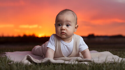 Adorable baby sunset backdrop grassy field soft blanket