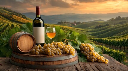 Fototapeta premium Golden Hour Wine Still Life In Vineyard Landscape