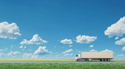 Transport truck on highway, green fields stretching out, blue skies above, ample space for text on the right side, serene landscape scene