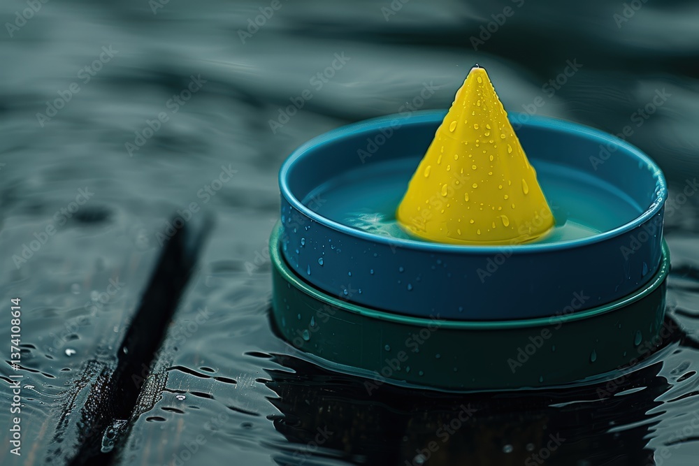 Poster a yellow cone-shaped object floats in a blue container on a wet surface, reflecting light with dropl