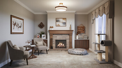 Cozy living room with fireplace pet bed and cat tree Warm inviting interior design