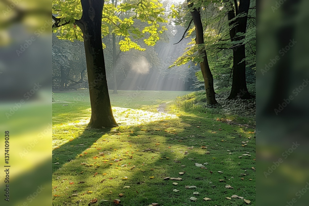 Poster a serene forest scene with sunlight streaming through trees, casting shadows on the grass, creating 