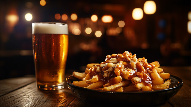 Poutine served in a classic Canadian style restaurant, poutine plate with glossy gravy, melted cheese, crispy fries, beside a glass of cold beer, Ai generated images