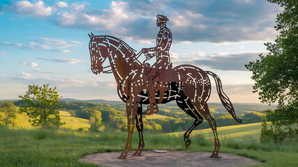 Rustic metal sculpture of a rider on a horse overlooking a rolling landscape