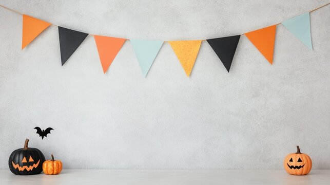 Halloween celebration decor featuring festive bunting and motifs on a simple backdrop for versatile text integration
