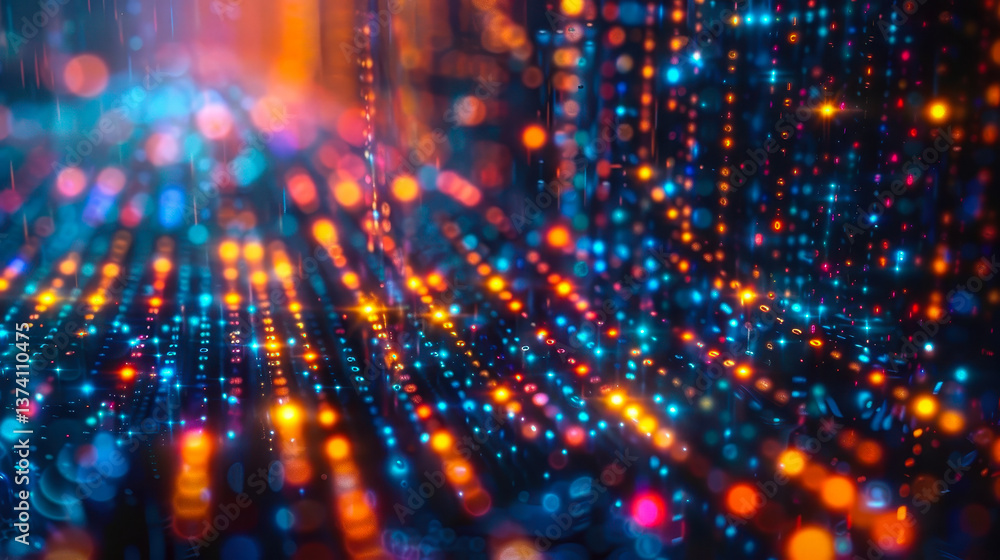 Poster intricate encrypted data streams in vibrant patterns highlighting digital security technology at nig