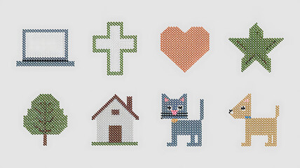 Cross-stitch icons: laptop cross heart star tree house cat dog