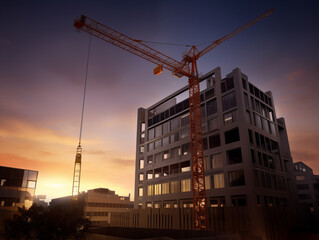A construction crane is hard at work at a high-rise building site as the sun sets behind it. The warm glow from the sunset contrasts with the structure, highlighting the dynamic work environment.