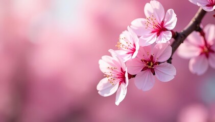 Fototapeta premium Delicate pink sakura blossoms, full bloom, soft petals , pink background, floral pattern