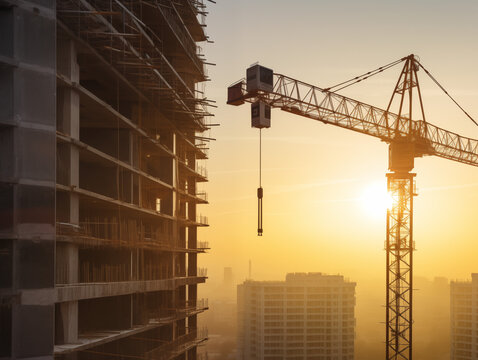 A construction crane is hard at work at a high-rise building site as the sun sets behind it. The warm glow from the sunset contrasts with the structure, highlighting the dynamic work environment.