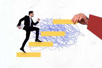 Composite image montage trend 3D collage of young man walk ladder hold laptop career promotion job human resources recruitment occupation