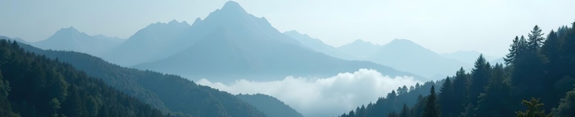 Fototapeta premium Majestic misty mountain peaks rise above a dense woodland shrouded in fog, mysterious, nature