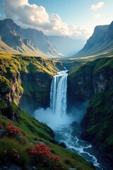 Majestic lower falls cascading into serene valley, vibrant landscapes, dramatic clouds, enchanting scenery, Enchanted Falls,  dramatic clouds