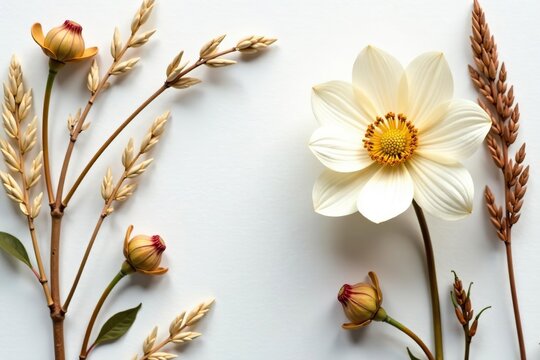 Isolated pressed and dried white flower surrounded by various dry plants for aesthetic scrapbooking,  art,  decor