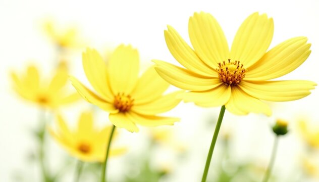 Isolated yellow cosmos flowers blooming on white background,  petals,  vibrant