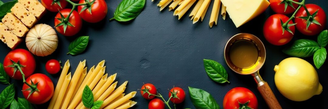 Italian food background with variety of fresh ingredients like tomatoes, basil, olive oil, cheese, and pasta,  mediterranean, italian