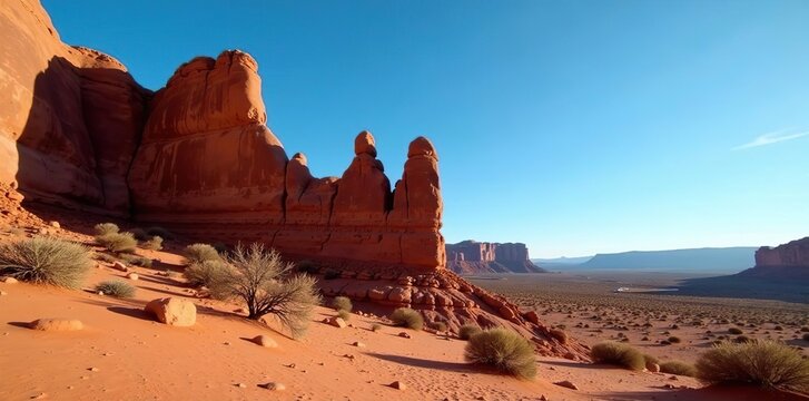 Jagged sandstone formations rising against clear blue sky at The Wall in Wall Street, Arches National Park, Utah, USA,  rugged,  scenic