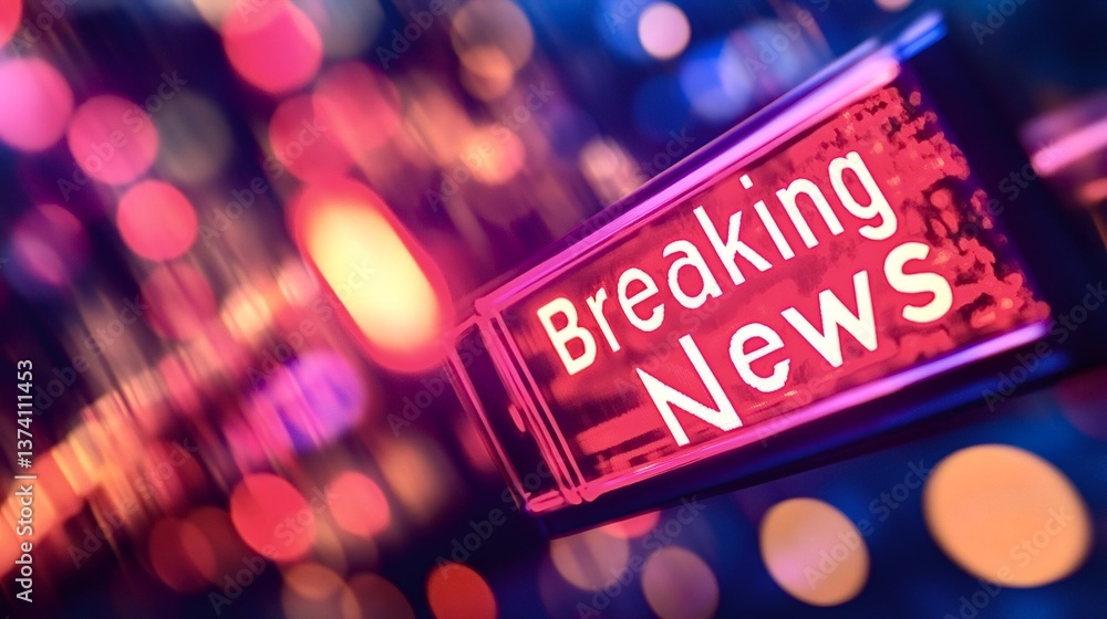 Aufkleber breaking news sign showing on digital display with colorful bokeh background representing an importa