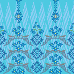 Blue Ikat fabric pattern with damask sarong flowers or traditional seamless border pattern
