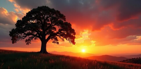 Majestic oak tree standing tall in a vibrant sunset landscape,  tree,  sunlight