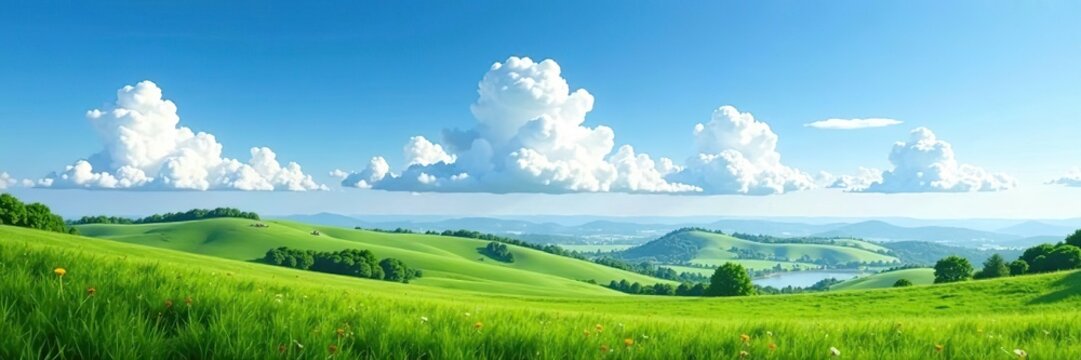 Majestic panoramic view of white clouds in a clear blue sky over lush green meadows and rolling hills,  environment,  weather