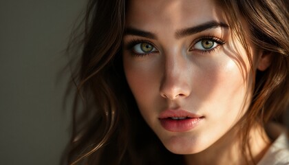Naklejka premium Woman with Green Eyes and Brown Hair in Soft Natural Light