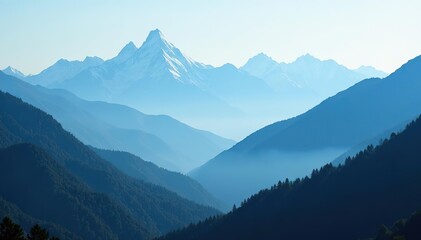 Fototapeta premium Majestic Smoky Mountain ridges covered in thick mist under a blue sky, blue sky, foggy