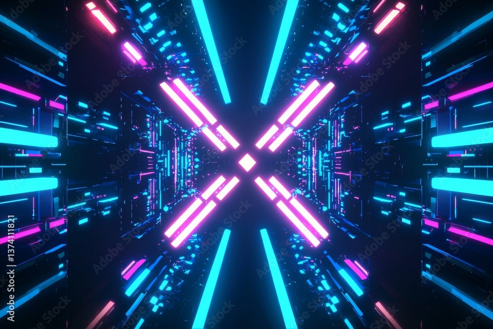 Poster a futuristic and abstract dark background is illuminated by glowing neon lines and an array of neon 