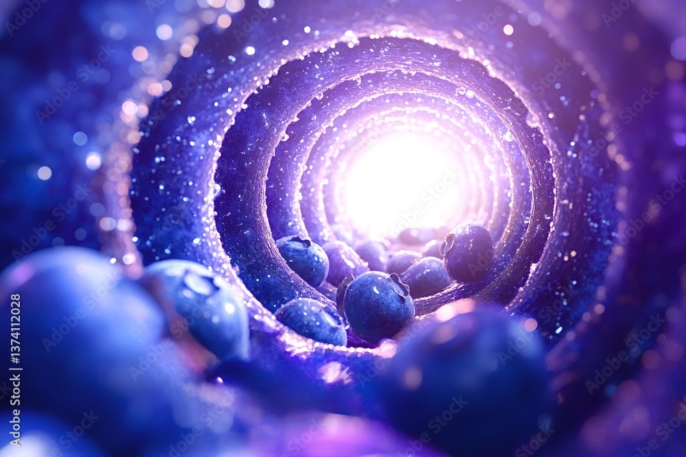 Poster fresh blueberries rolling through a glowing purple tunnel, surrounded by shimmering water droplets, 