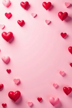 Romantic Valentine's background with various sized red and pink hearts scattered on a light pink background,  February,  holiday