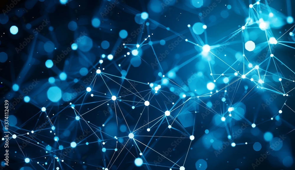 Poster A futuristic web with neon lights and grid patterns is set against a dark background in an abstract representation of technology and geometric designs through 3D rendering