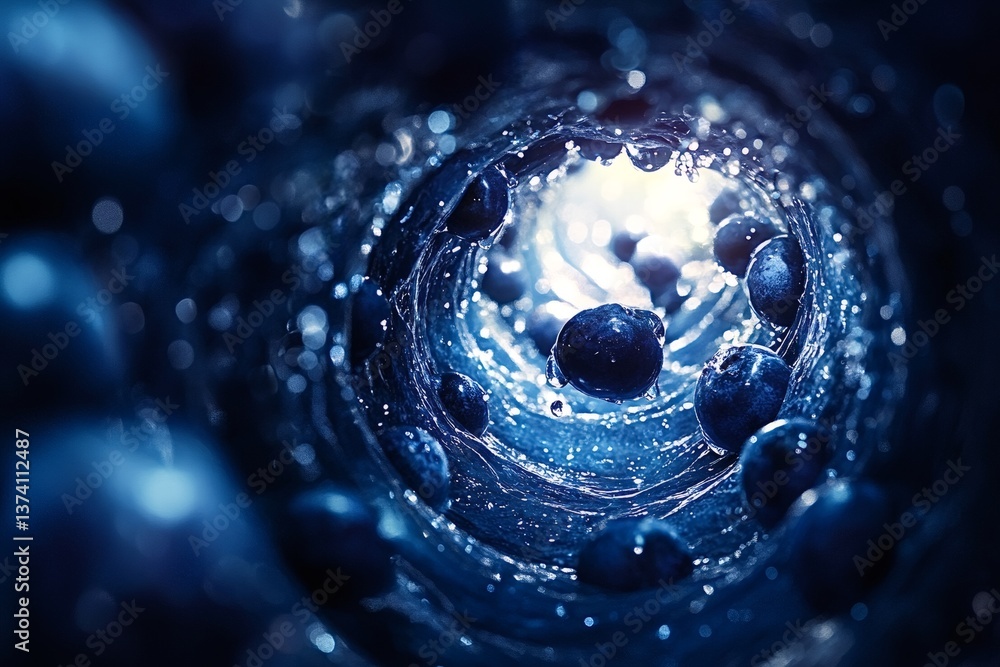 Poster ripe blueberries spinning in a swirling vortex of water create a captivating display of motion and f
