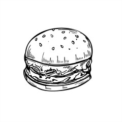 Monochrome burger black ink vector illustration. Etching drawing of single beef patty with lettuce, tomato, and onion in sesame bun. Fast food line art style for menus, and food related designs