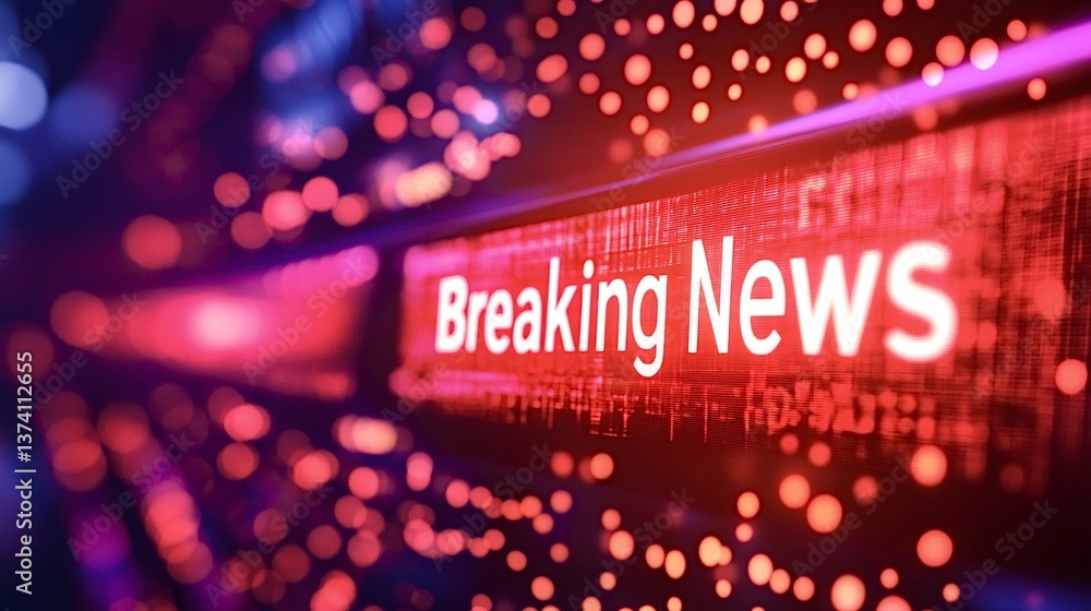 Poster breaking news ticker displaying across a vibrant, digital screen with a colorful abstract background