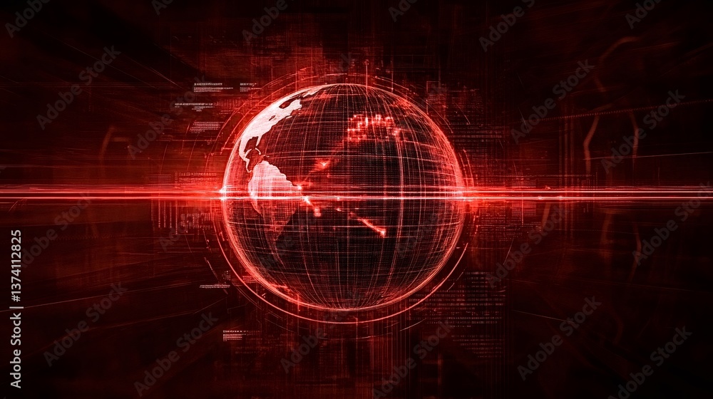 Poster red digital globe showcasing global network security, highlighting data flow, potential threats, and