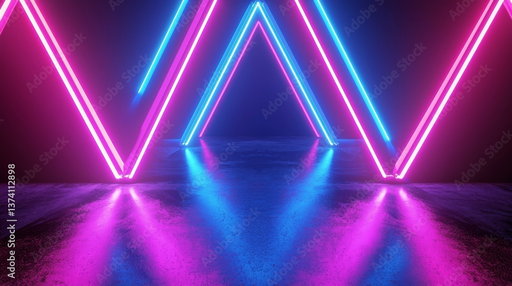 Poster a 3d rendering features an abstract and futuristic neon background with glowing lines, a triangular 
