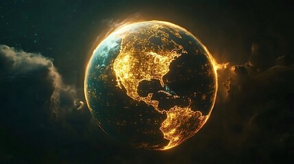Obraz premium Planet earth is rotating in space showing north and south america illuminated by the city lights at night, surrounded by clouds and stars, creating a breathtaking cosmic scene