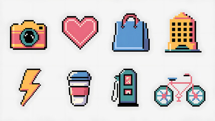 Pixelated icons: camera heart shopping bag building lightning coffee gas pump bike