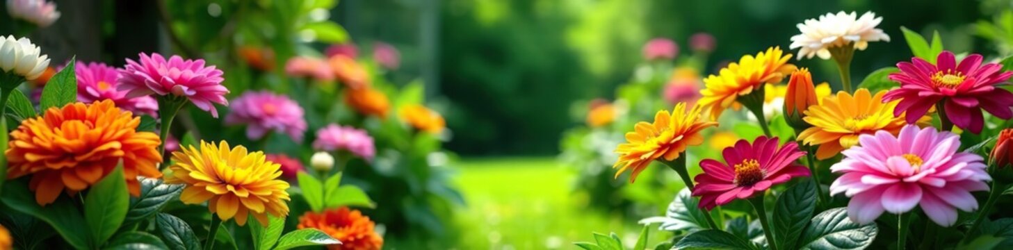 Lush garden bursting with vibrant colors of flowering annuals and perennials,  flowers,  colorful