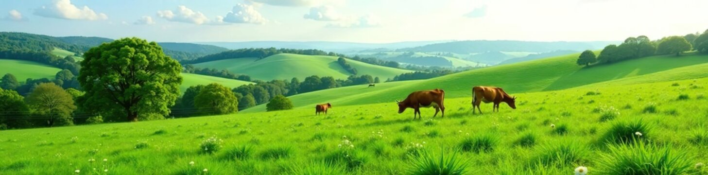 Rural hills landscape with cows grazing on pasture, green meadows, trees, and horizon, rural,  white
