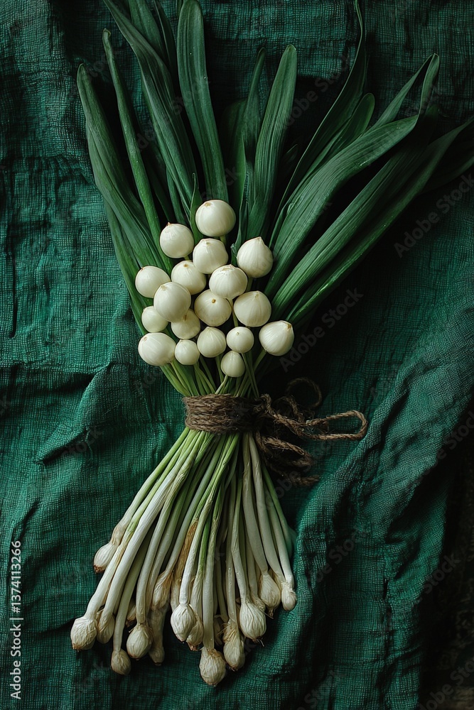 Poster dark moody bunch of fresh wild herbs tied together with jute string placed diagonally on deep teal b
