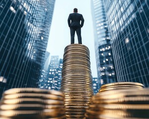 Business owner on coin stack in city skyline business owner standing on coin stack with skyscrapers business owner rising on coin stack in urban setting, 