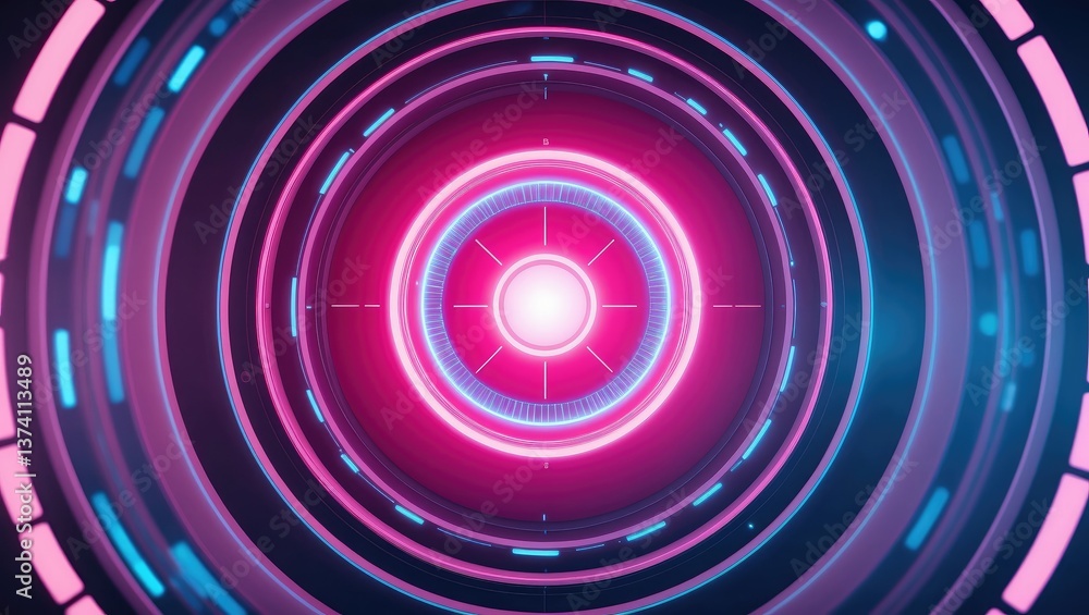 Poster futuristic digital interface glowing in pink and blue tones with circular patterns illustrating tech