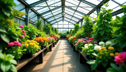 Lush greenery of a large greenhouse filled with vibrant flowers and plants for sale,  plants,  gardening