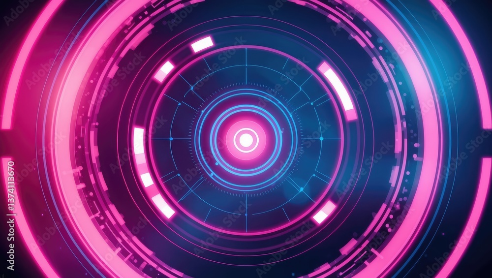 Poster futuristic digital interface glowing in pink and blue tones with circular patterns illustrating tech