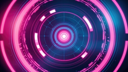 Obraz premium Futuristic digital interface glowing in pink and blue tones with circular patterns illustrating technology : Generative AI