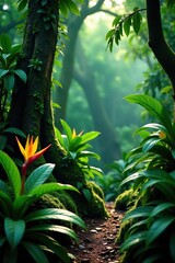Obraz premium Lush green foliage of a tropical forest in Colombia, showcasing a variety of plant species like orchids, bromeliads, and heliconias, botanical, flora