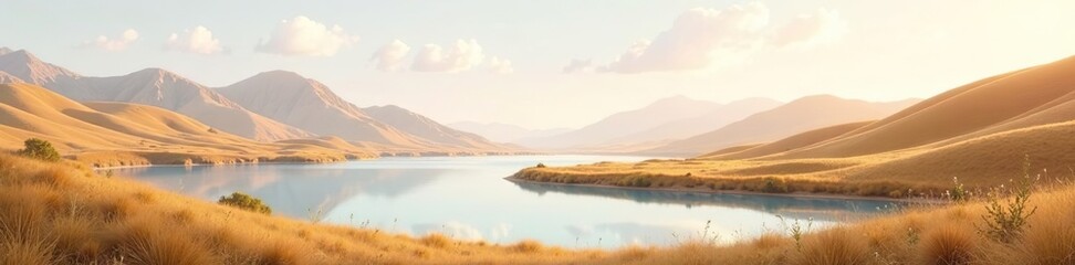 Fototapeta premium Soft watercolor landscape in earth tones with gentle rolling hills, a calm lake, and a peaceful sky, peaceful, watercolor