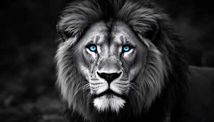 Lion Portrait with Striking Blue Eyes in Grayscale Imagery Style