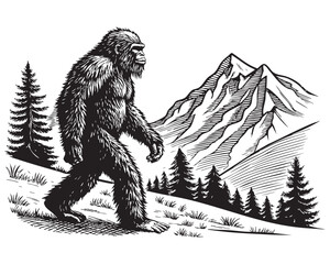 Fototapeta premium yeti mountain outdoor scene engraving vector illustration